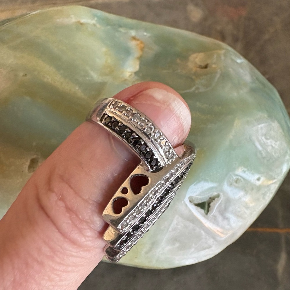 LARGE GENUINE Diamond Art Deco Ring White Black Diamonds Sz 7 925 Sterling S - Picture 7 of 16